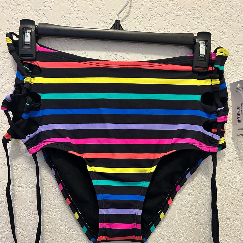 High-Waist Rainbow Striped Bikini Bottoms NWT Size Medium, Sugar Beach Brand